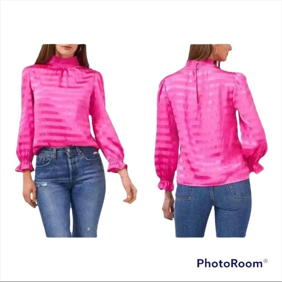 NWT 1. STATE x REVOLVE Pink Striped Mock Neck Balloon Sleeve Top Blouse Size XL - Picture 1 of 6
